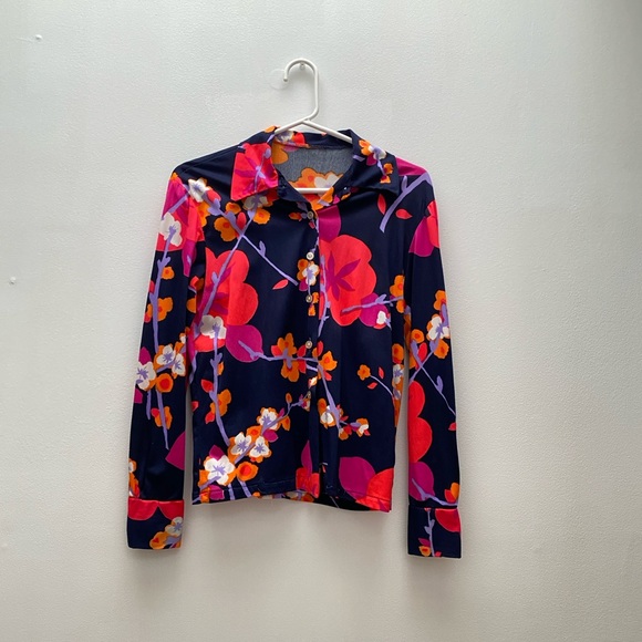 Vintage Tops - Vintage - 1970’s Dark Navy Blue Floral Long Sleeve Button Down Shirt